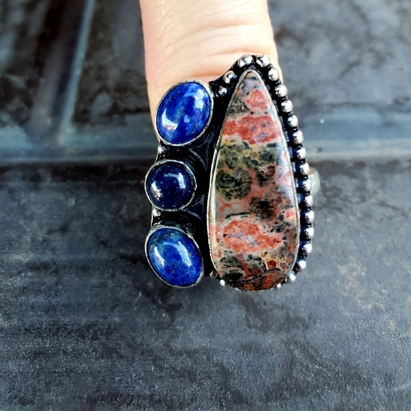 New Leopard Skin Jasper & Lapis Lazuli 925 Silver Ring. - Picture 13 of 14